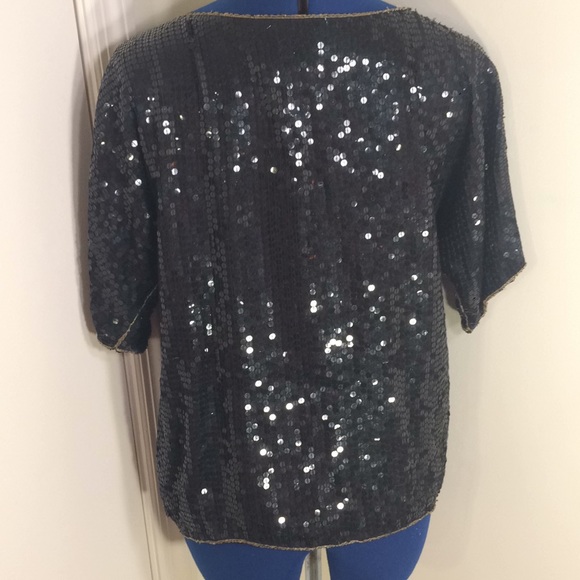 Black sequin evening top Gold silver floral beads - Picture 4 of 8